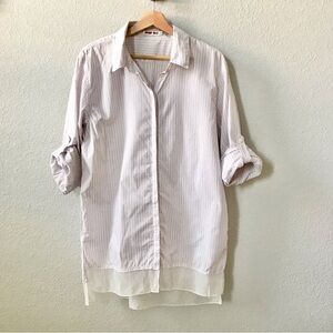 Johnny Was 100% Cotton Striped Button Up Tunic Shirt Size Medium Tabbed Sleeve